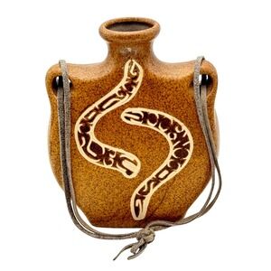 Snake Canteen Vase Mira Ceramic Pottery Brown Speckled Sgraffito Suede Cord 7"
